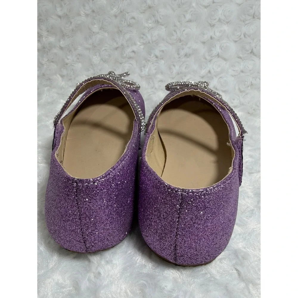 Girls Purple Glitter Rhinestone Bow Mary Jane Dress Flat Shoes‎ Size 2
